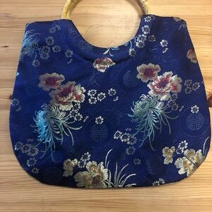 Floral Blue Women's Bag with Bamboo Handle